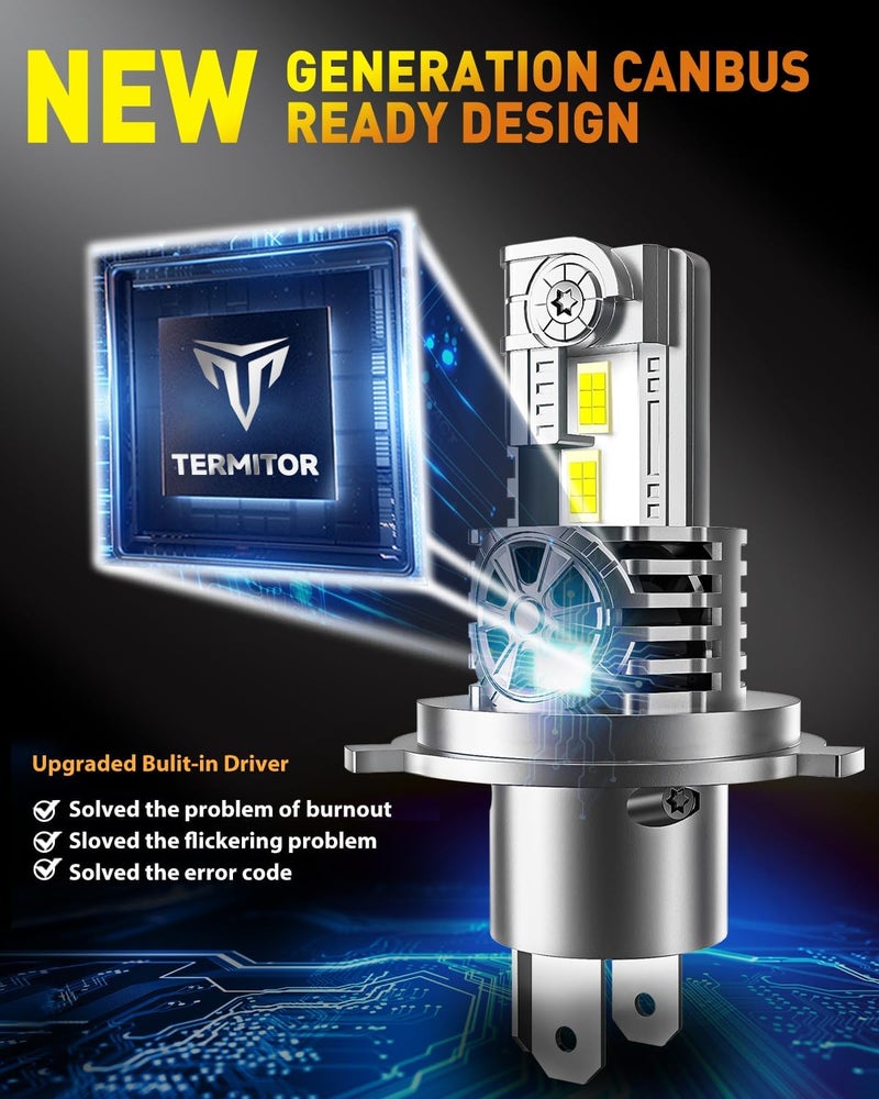 Termitor Latest H4/9003/HB2 Bulb for Motorcycle Hi/Low Beam, 25,000LM 800% Super Brighter, 1:1 Halogen Size, 6500K Cool White, 70000Hrs Long Service Life with Cooling Fan, Plug and Play, Pack of 1 - Image 4
